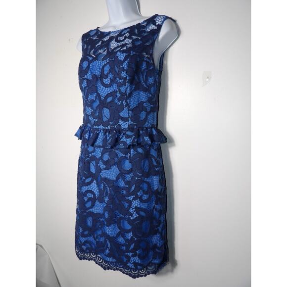 Lilly Pulitzer Sz 2 Dress Blue Lace Peplum Knee Modest Sleeveless Eyelet Keyhole - Picture 2 of 14